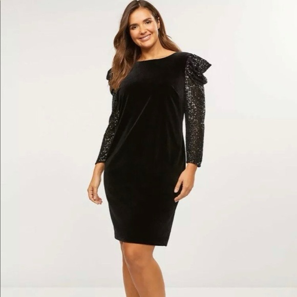 Lane Bryant Elegant Velvet Black Sequin Dress Sz 20 Sequins Woman’s Midi Sheath - Picture 1 of 7